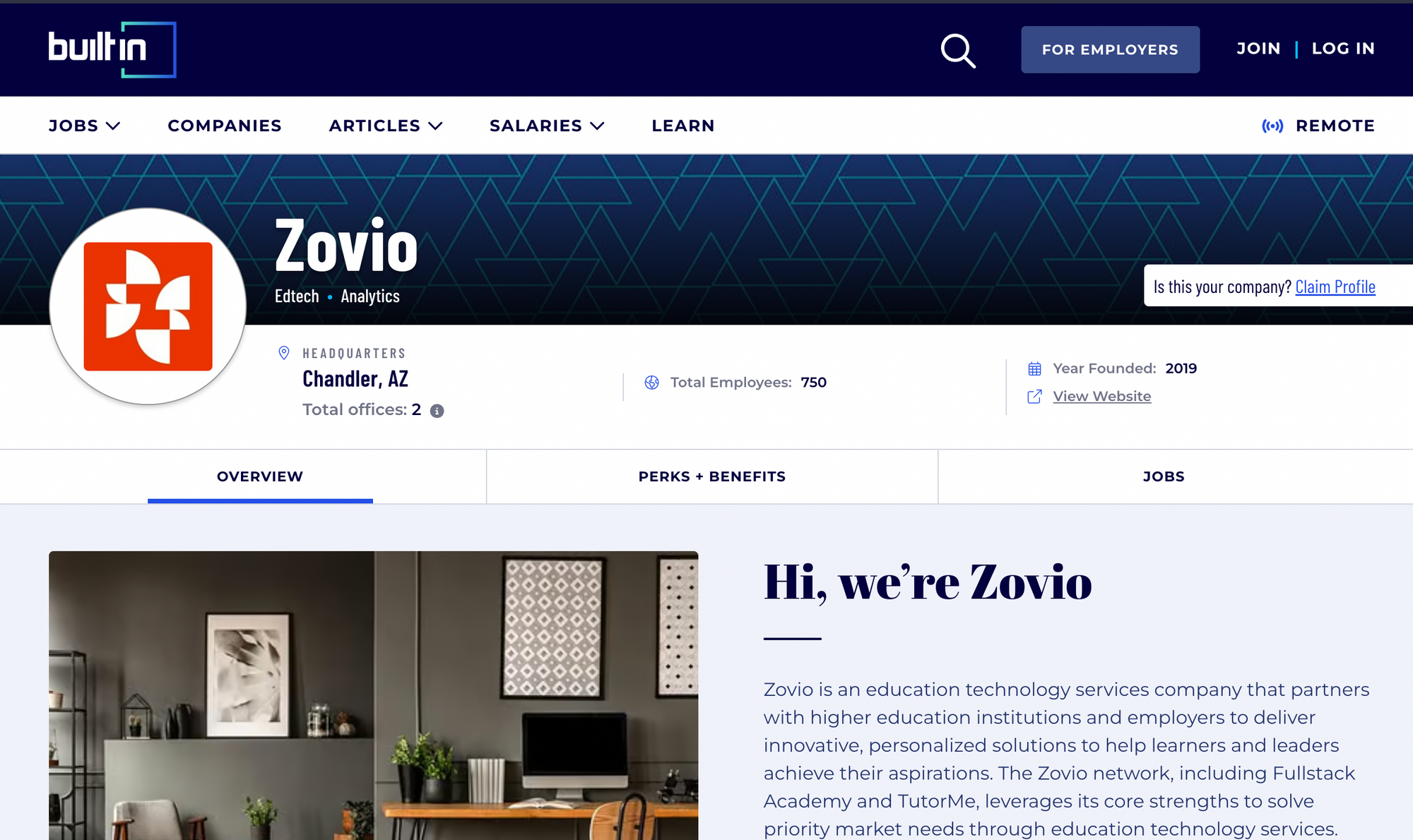 Website profile of Zovio